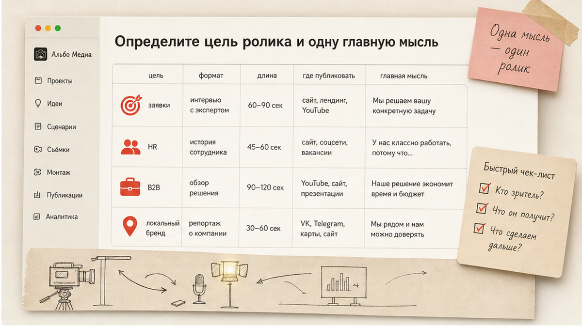 Таблица целей корпоративного ролика: заявки, HR, B2B, соцсети