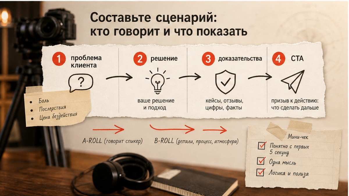 Схема структуры сценария бизнес-ролика: проблема, решение, доказательства, CTA