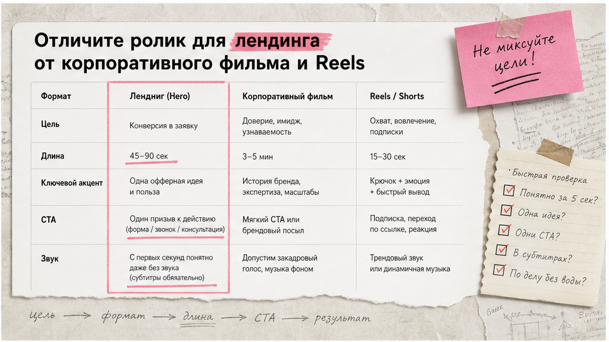 Сравнительная таблица: ролик для лендинга, корпоративный фильм и Reels — длина, цель и CTA