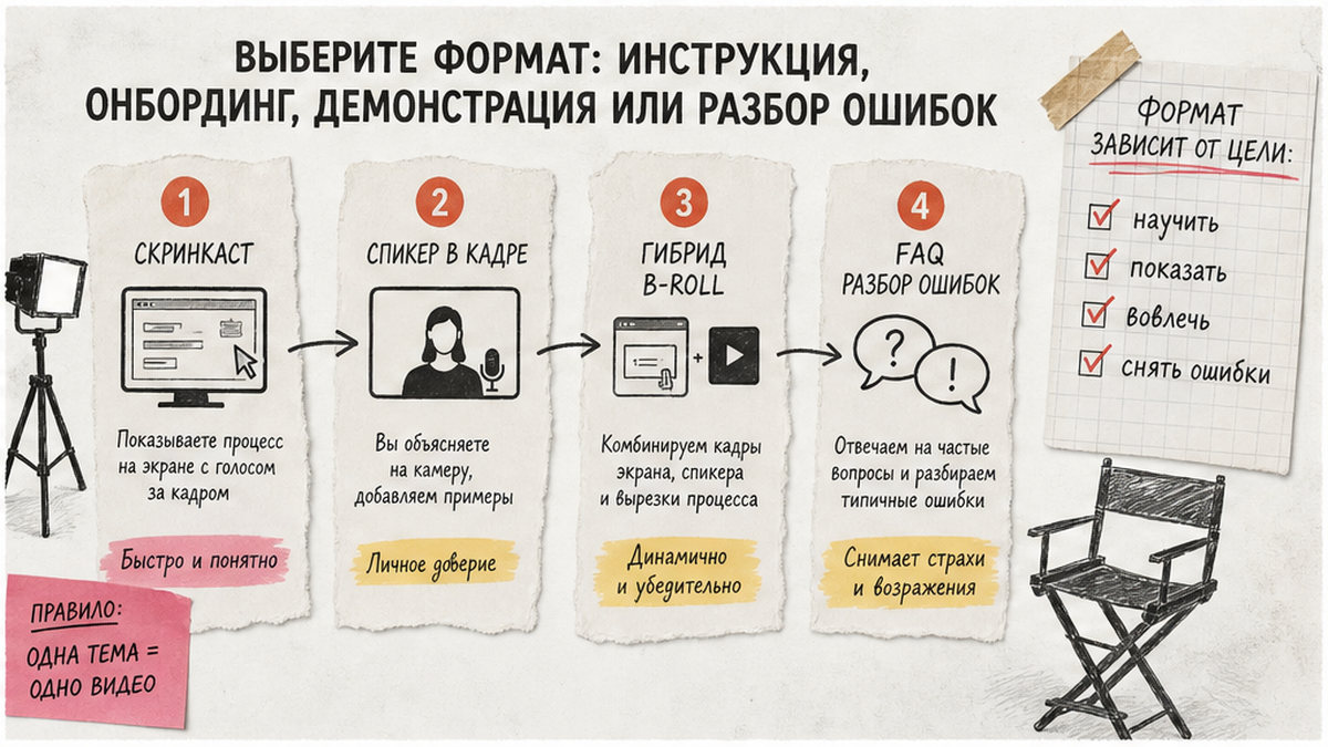Схема выбора формата обучающего видео: инструкция, онбординг, демонстрация, разбор ошибок