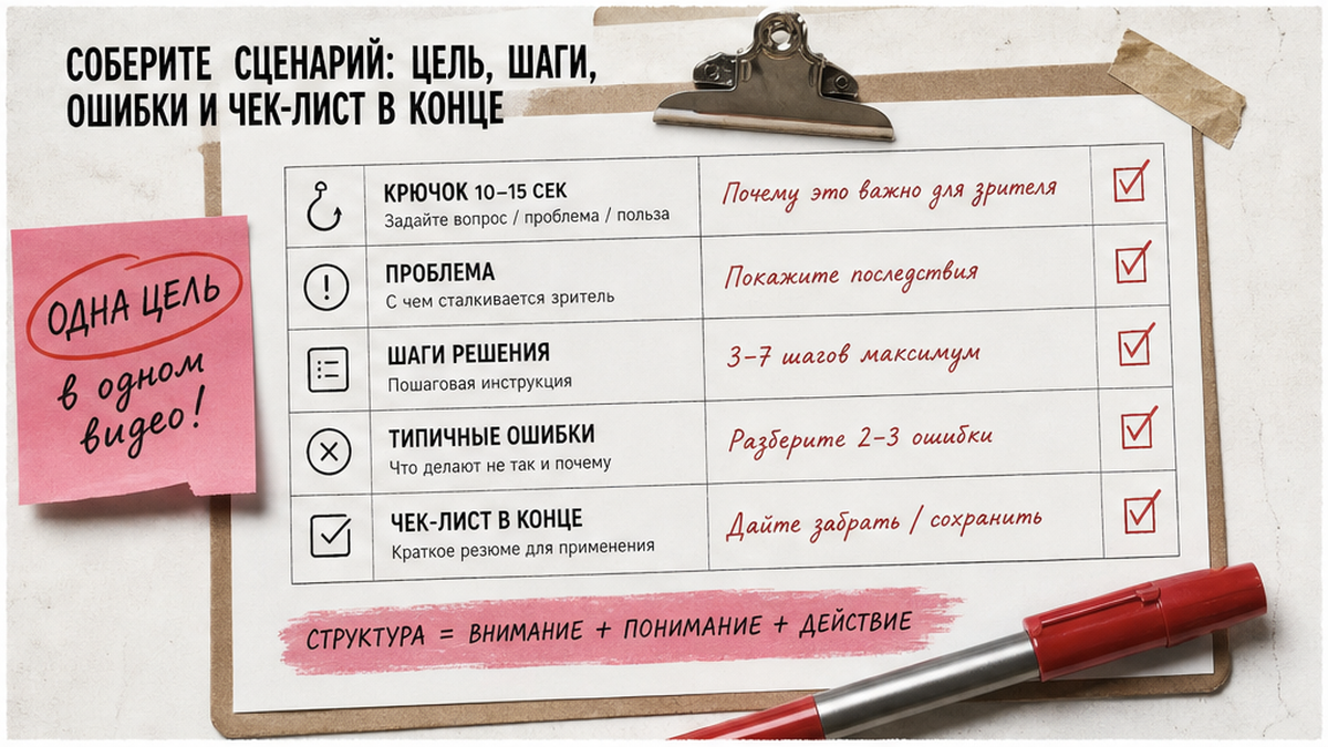 Чеклист структуры сценария обучающего ролика: цель, шаги, ошибки, финальный чек-лист