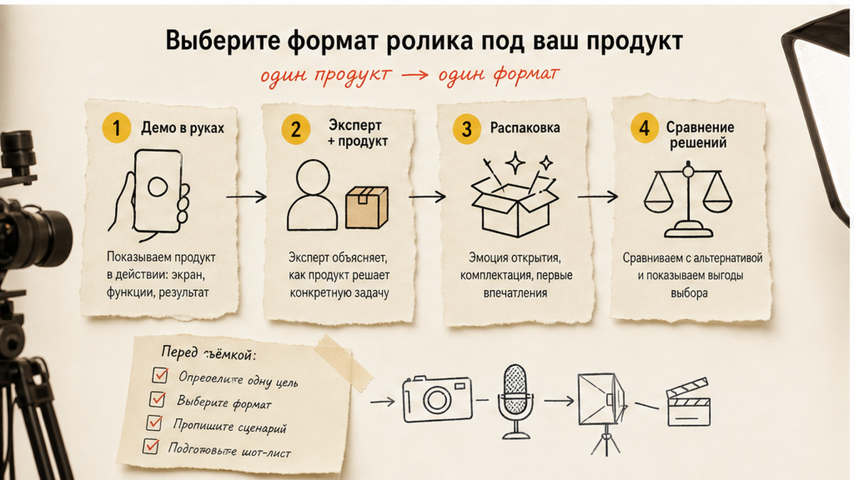 Схема выбора формата product demo: демо в руках, эксперт, распаковка, сравнение