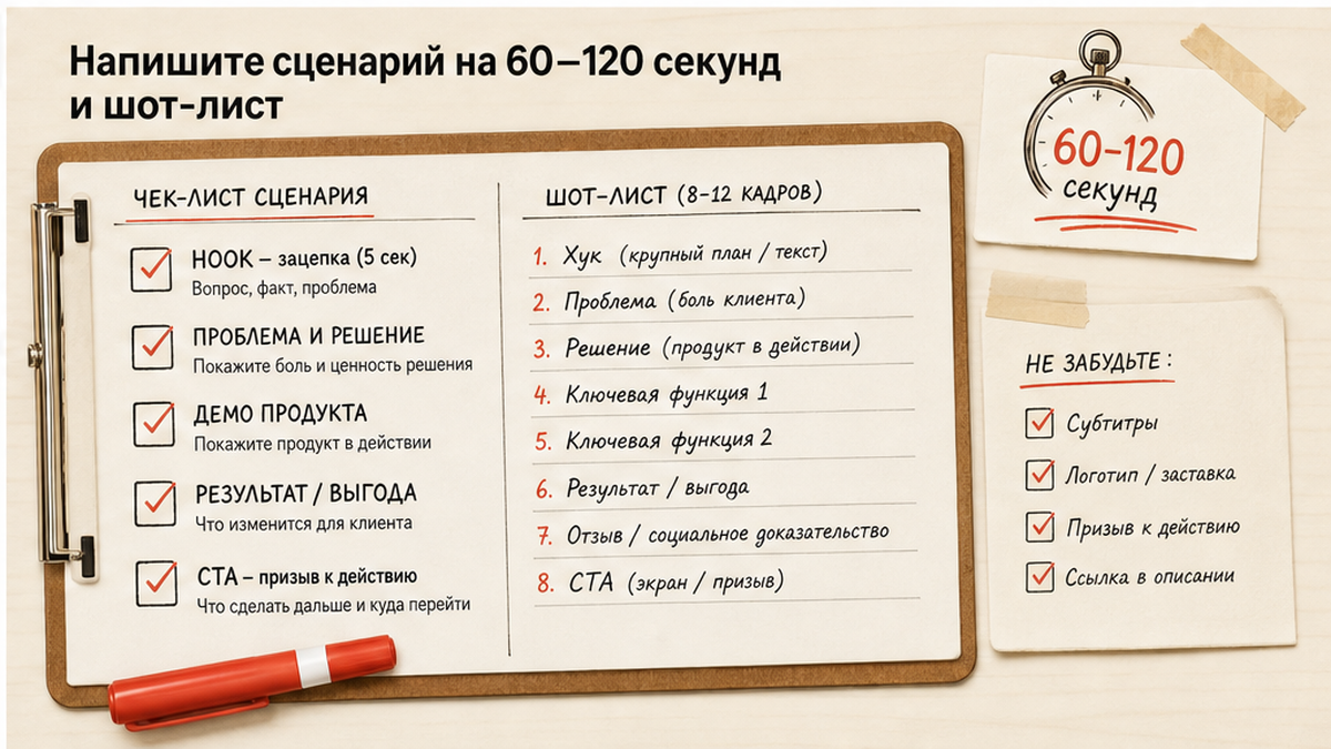 Чеклист сценария product demo на 60-120 секунд и шот-лист из 8-12 кадров