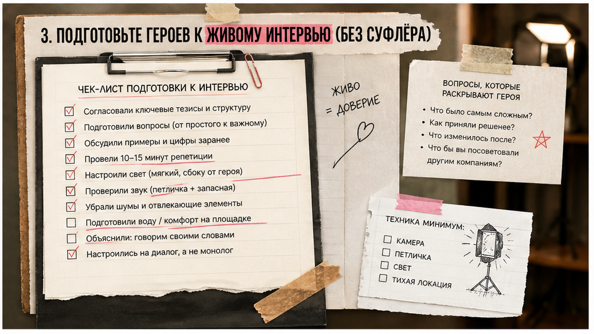 Чеклист подготовки к интервью: 3. Подготовьте героев к живому интервью (без суфлёра)